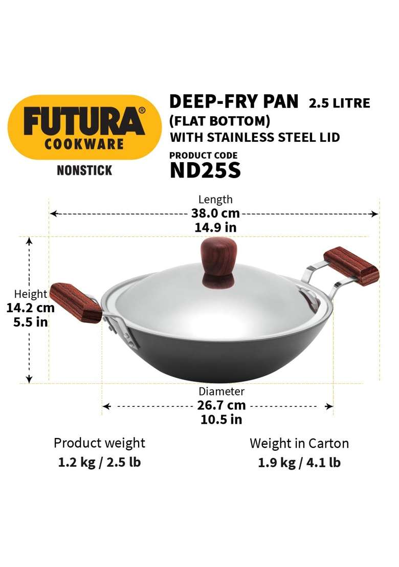 Hawkins Futura Nonstick Deep-Fry Pan | 2.5 L | 2.6 Qt | 26 cm | 10.2 Inch | With Lid - Indya