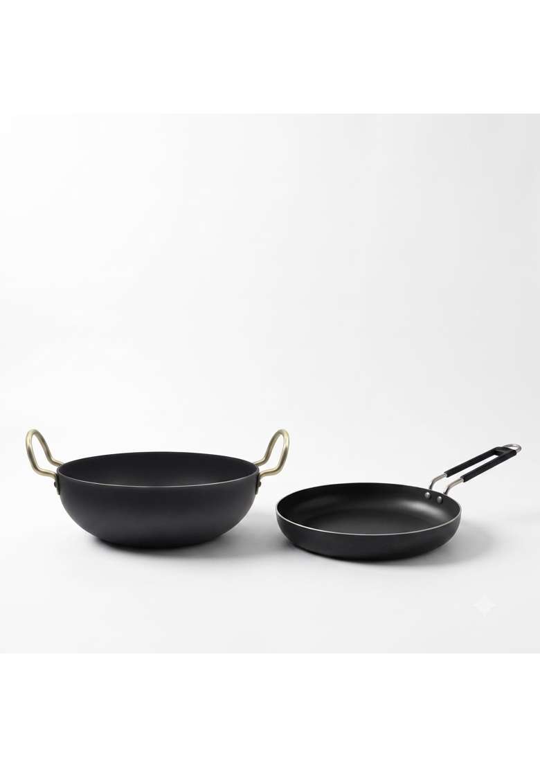 DOZY Hard Anodised Kadai Wok and Frying Pan Cookware Set - Indya