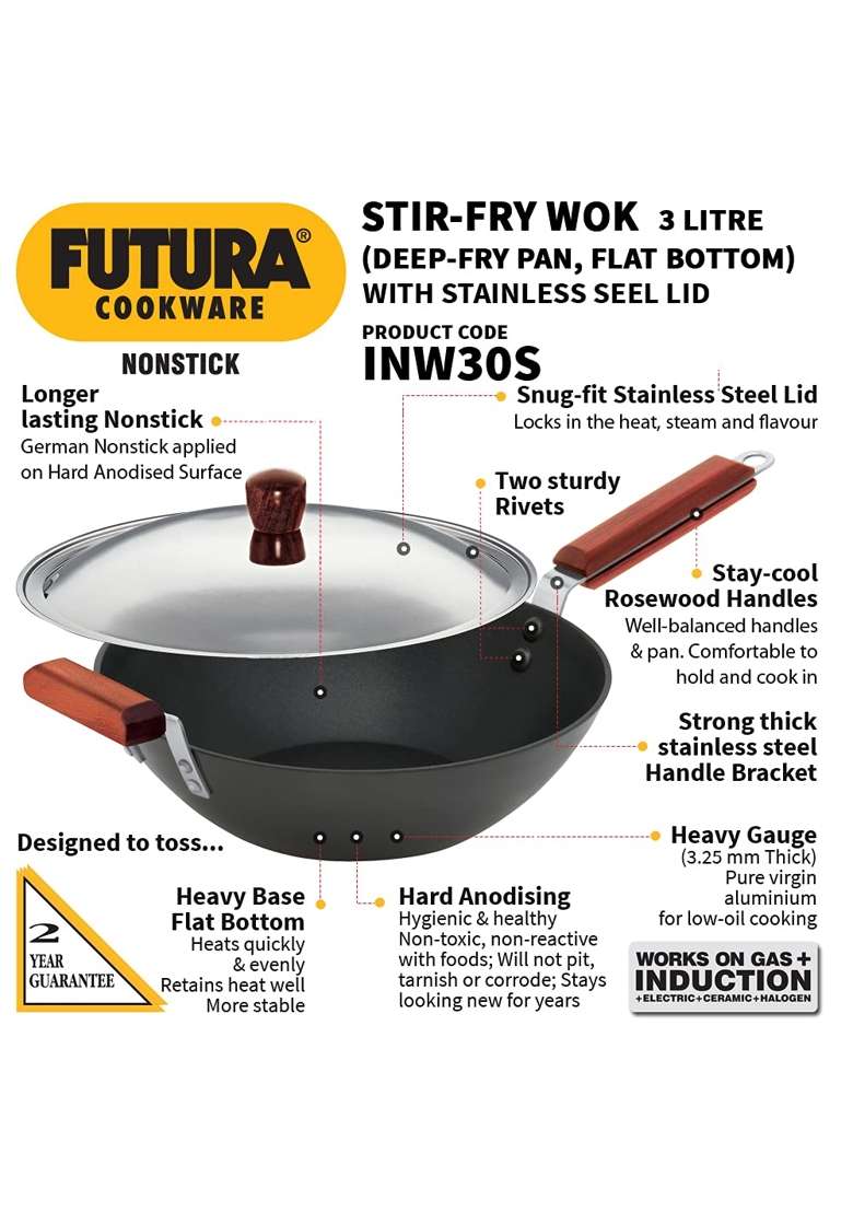 Hawkins Futura Stir-Fry Wok with SS Lid and Induction Compatible Base | 3 L | 3.2 Qt - Indya