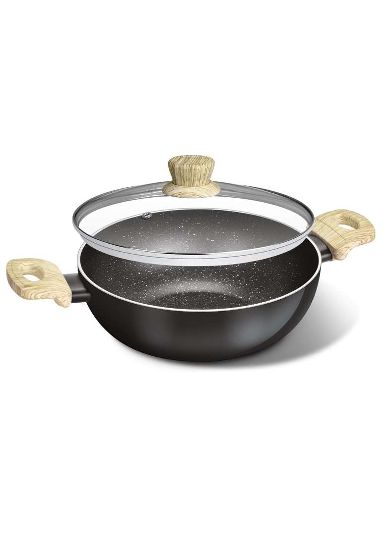 BERGNER Bellini Plus Aura 5-Layer Non-Stick Kadai Wok with Glass Lid | 5.2 L | 5.5 Qt | 24 cm | 9.4 Inch | Induction Compatible - Indya