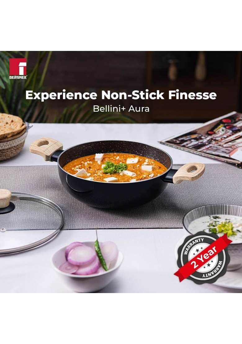 BERGNER Bellini Plus Aura 5-Layer Non-Stick Kadai Wok with Glass Lid | 5.2 L | 5.5 Qt | 24 cm | 9.4 Inch | Induction Compatible - Indya