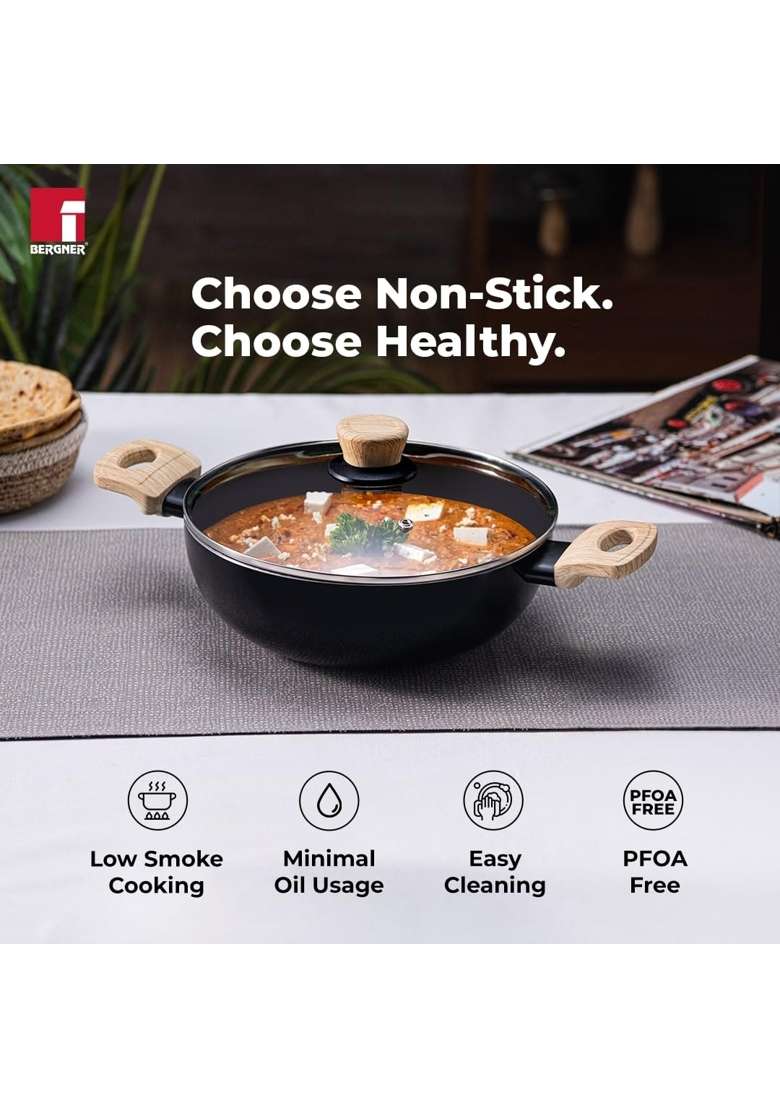BERGNER Bellini Plus Aura 5-Layer Non-Stick Kadai Wok with Glass Lid | 5.2 L | 5.5 Qt | 24 cm | 9.4 Inch | Induction Compatible - Indya