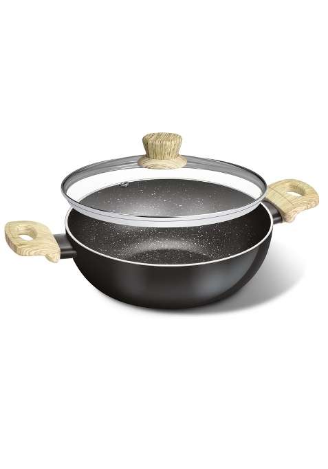 BERGNER Bellini Plus Aura 5-Layer Non-Stick Kadai Wok with Glass Lid | 5.2 L | 5.5 Qt | 24 cm | 9.4 Inch | Induction Compatible