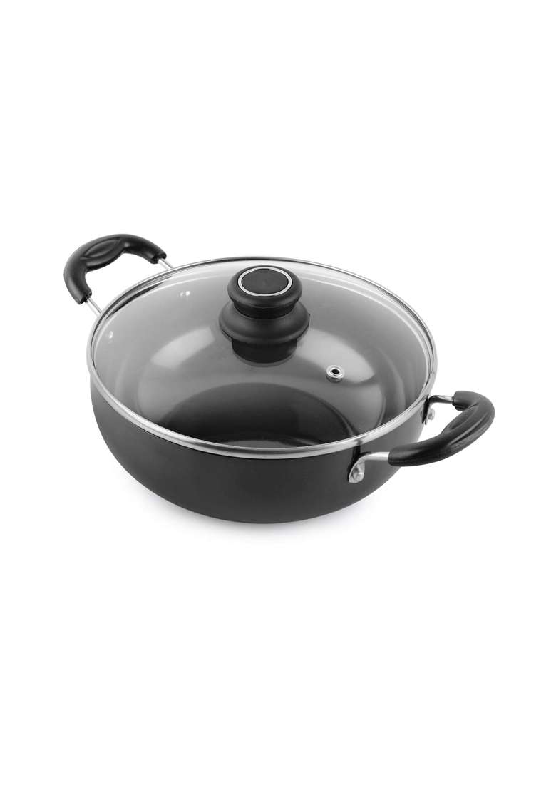 CELLO Classy Hard Anodised Non-Stick Kadhai Wok with Glass Lid with Induction Base | 3.5 L | 3.7 Qt - Indya