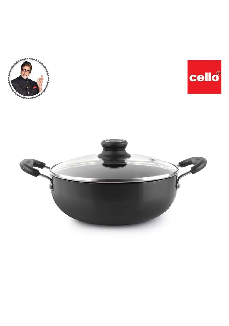 CELLO Classy Hard Anodised Non-Stick Kadhai Wok with Glass Lid with Induction Base | 3.5 L | 3.7 Qt - Indya