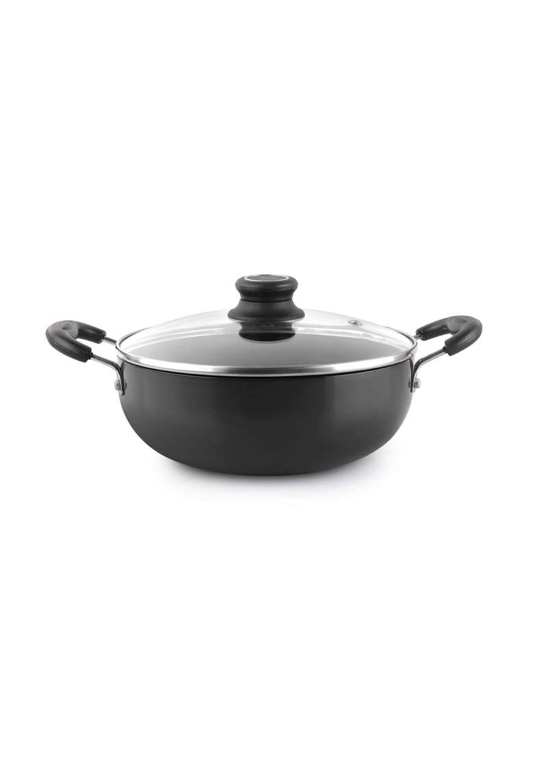 CELLO Classy Hard Anodised Non-Stick Kadhai Wok with Glass Lid with Induction Base | 3.5 L | 3.7 Qt - Indya