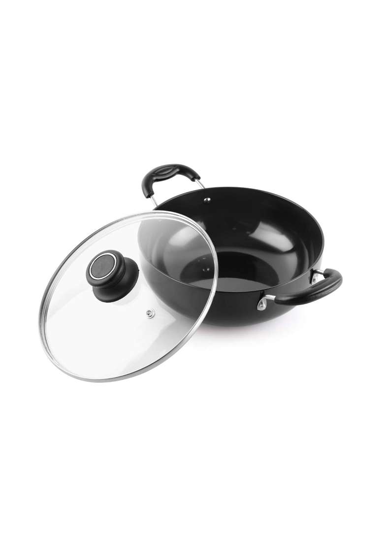 CELLO Classy Hard Anodised Non-Stick Kadhai Wok with Glass Lid with Induction Base | 3.5 L | 3.7 Qt - Indya