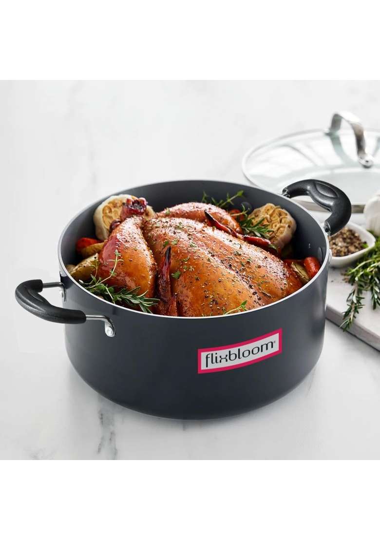 FLIXBLOOM Edge Black Induction Base Hard Anodised Deep Utensil Cookware Sauce Pot Cooking | 2.5 L | 2.6 Qt | With Lid - Indya