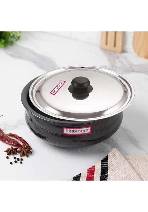 FLIXBLOOM Gradely Kitchen Cookware Hard Anodised Traditional Virgin Food Grade Aluminium | 2 L | 2.1 Qt | Induction Compatible | With Lid