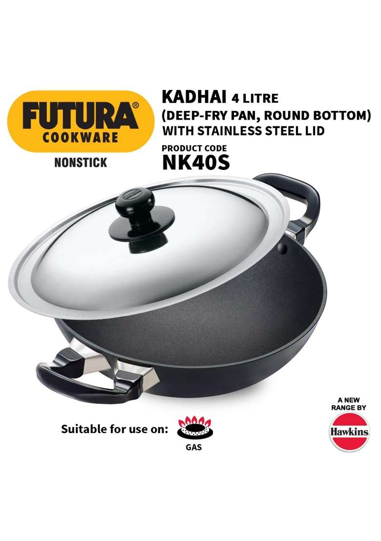 Hawkins Futura Non-Stick Round Bottom Deep-Fry Kadai Wok with Steel Lid | 30 cm | 11.8 Inch - Indya