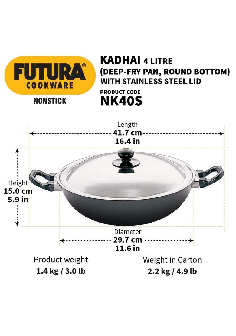 Hawkins Futura Non-Stick Round Bottom Deep-Fry Kadai Wok with Steel Lid | 30 cm | 11.8 Inch - Indya