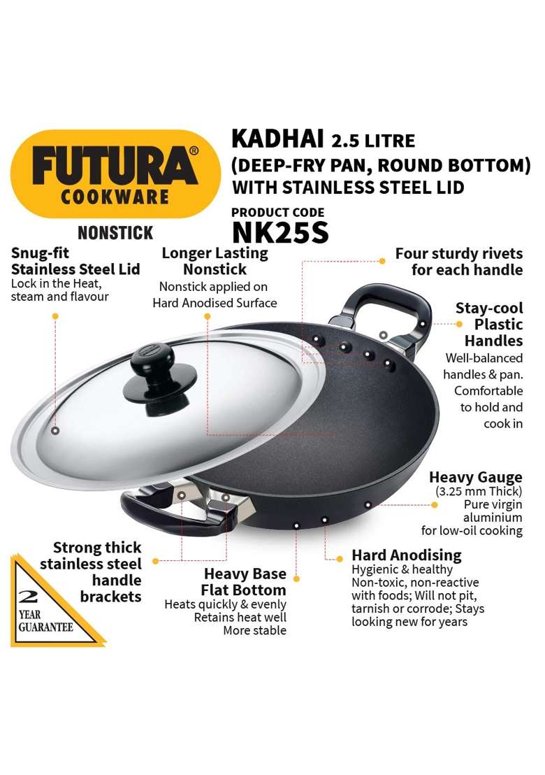 Hawkins Futura Non-Stick Round Bottom Deep-Fry Pan with Steel Lid Futura Non-Stick | 2.5 L | 2.6 Qt | 30 cm | 11.8 Inch - Indya