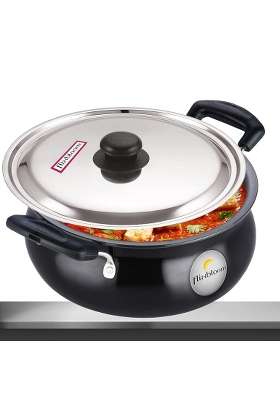 FLIXBLOOM Mega Kitchen Black Hard Anodised Induction Base Gravy Biryani Handi Biryani Pot for Cooking | 5 L | 5.3 Qt | With Lid