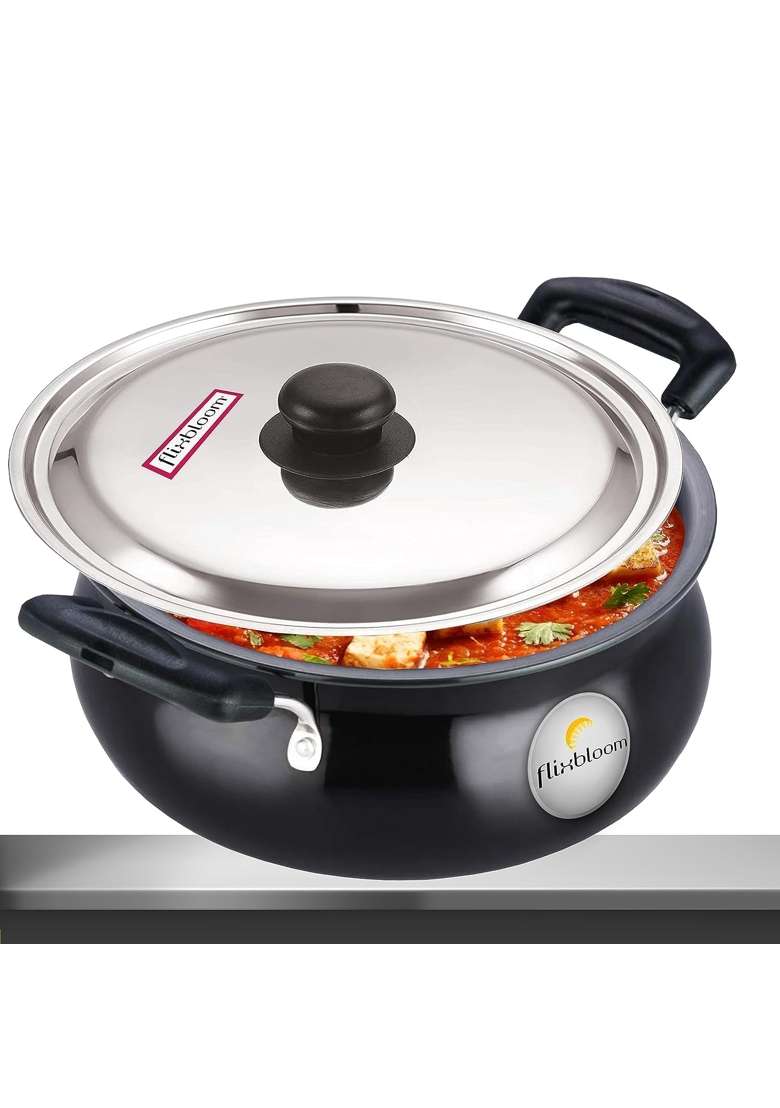 FLIXBLOOM Mega Kitchen Black Hard Anodised Induction Base Gravy Biryani Handi Biryani Pot for Cooking | 5 L | 5.3 Qt | With Lid - Indya