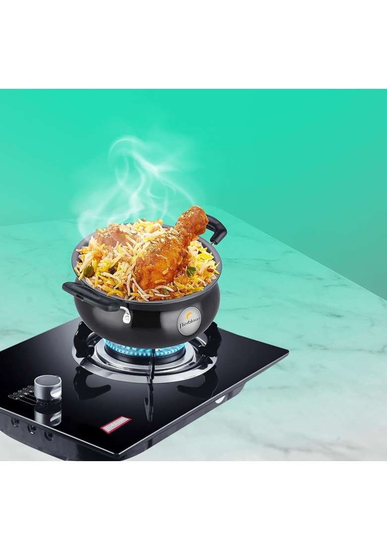 FLIXBLOOM Mega Kitchen Black Hard Anodised Induction Base Gravy Biryani Handi Biryani Pot for Cooking | 5 L | 5.3 Qt | With Lid - Indya