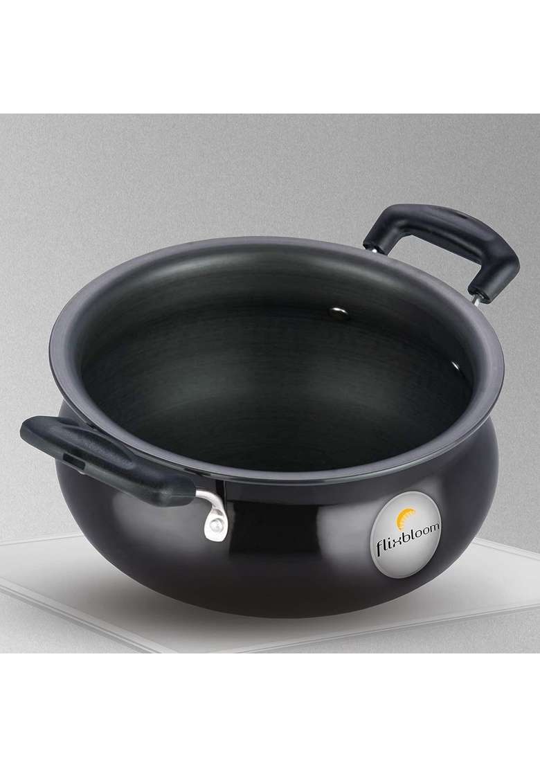 FLIXBLOOM Mega Kitchen Black Hard Anodised Induction Base Gravy Biryani Handi Biryani Pot for Cooking | 5 L | 5.3 Qt | With Lid - Indya