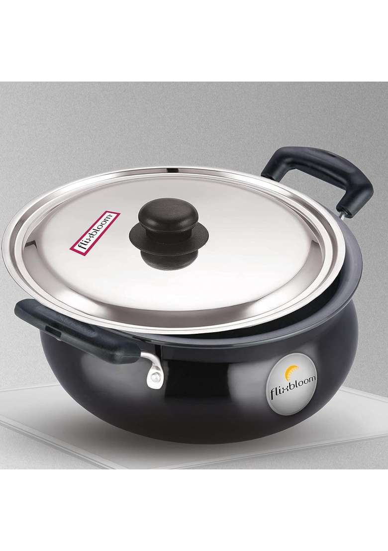 FLIXBLOOM Mega Kitchen Black Hard Anodised Induction Base Gravy Biryani Handi Biryani Pot for Cooking | 5 L | 5.3 Qt | With Lid - Indya