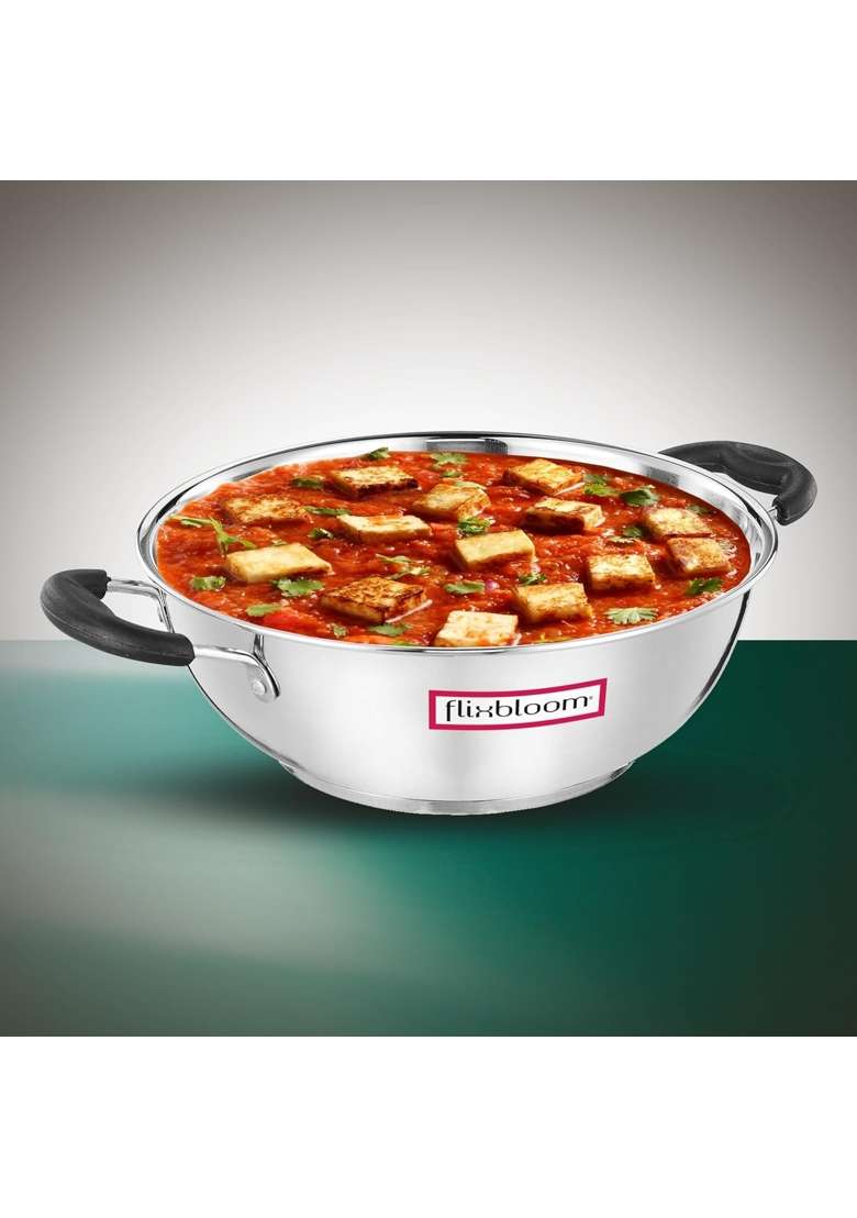 FLIXBLOOM Edge Special Kitchen Cookware Induction and Gas Stove Compatible Cooking Wok | 3 L | 3.2 Qt | Tri-Ply | With Lid - Indya