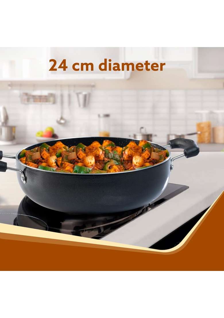 AGARO Elegant Non Stick Kadai Wok with Glass Lid | 2.5 L | 2.6 Qt | 24 cm | 9.4 Inch | Induction Compatible - Indya