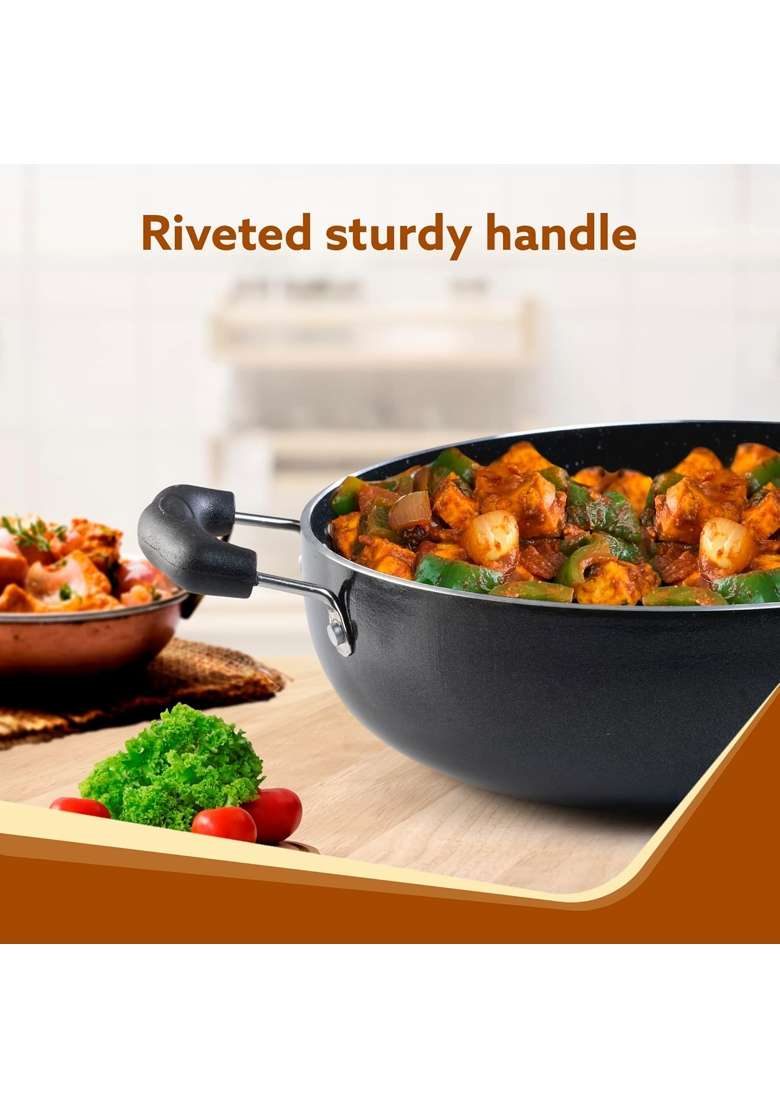 AGARO Elegant Non Stick Kadai Wok with Glass Lid | 2.5 L | 2.6 Qt | 24 cm | 9.4 Inch | Induction Compatible - Indya