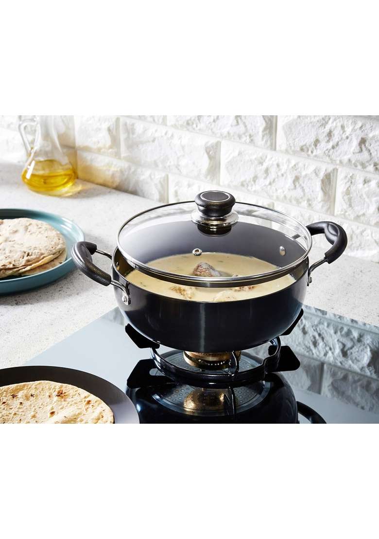 Solimo Amazon Brand Solimo Hard Anodized Deep Kadhai Wok with Induction Bottom and Glass | 2.5 L | 2.6 Qt | 22 cm | 8.7 Inch - Indya