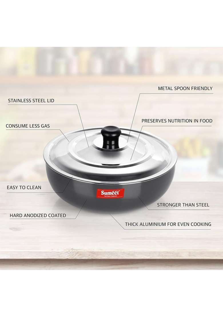 Sumeet Hard Anodized Deep Tasla Deep Pan with Stainless Steel Lid Size No. | 1.8 L | 1.9 Qt | 20 cm | 7.9 Inch - Indya