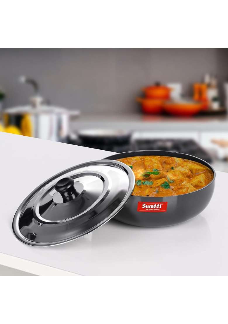 Sumeet Hard Anodized Deep Tasla Deep Pan with Stainless Steel Lid Size No. | 1.8 L | 1.9 Qt | 20 cm | 7.9 Inch - Indya