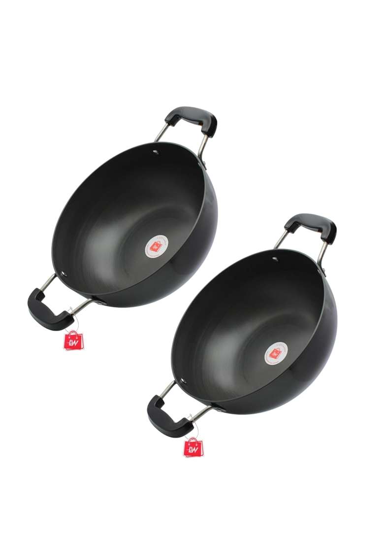 LAZYwindow Hard Anodised Kadhai Wok Set | 3 L | 3.2 Qt | Pack of 2 - Indya