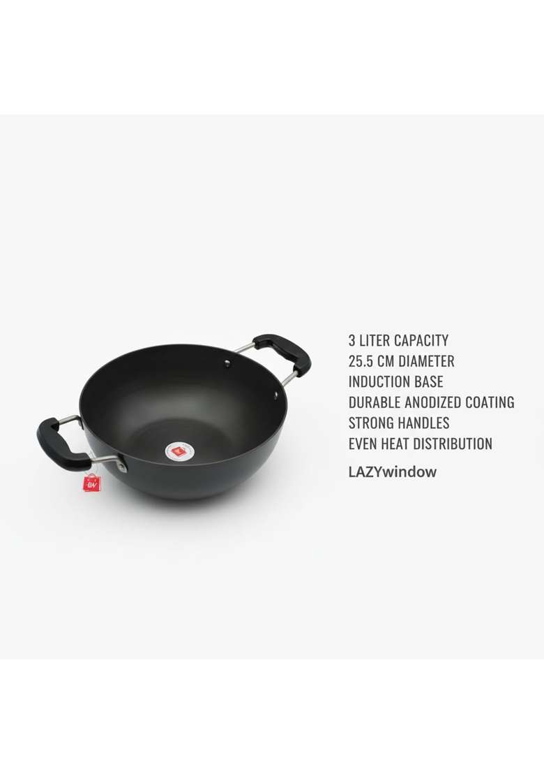 LAZYwindow Hard Anodised Kadhai Wok Set | 3 L | 3.2 Qt | Pack of 2 - Indya