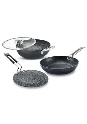Prestige Durastone BYK Hard Anodised Non-Stick Cookware -Tawa Flat Griddle | 3 L | 3.2 Qt | 24.5 cm | 9.6 Inch | 3-Piece Set | Induction Compatible