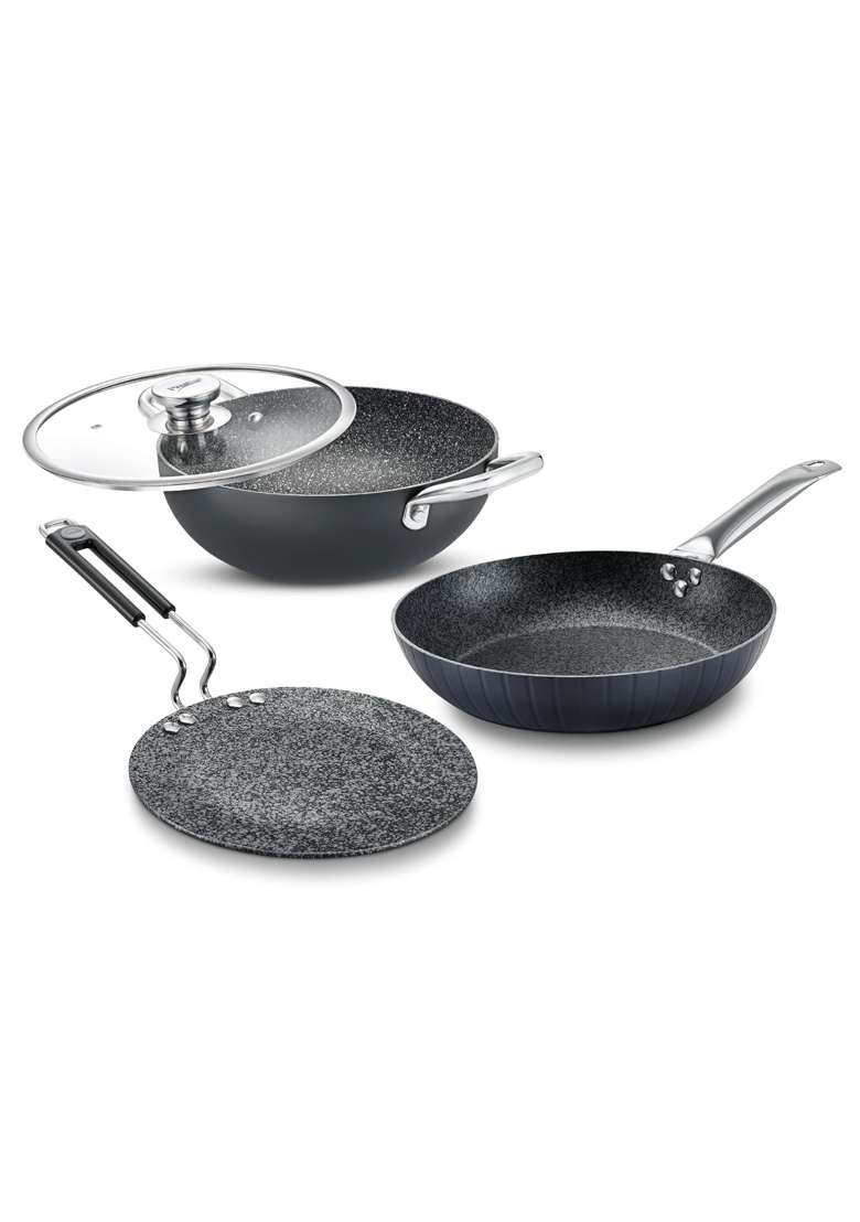 Prestige Durastone BYK Hard Anodised Non-Stick Cookware -Tawa Flat Griddle | 3 L | 3.2 Qt | 24.5 cm | 9.6 Inch | 3-Piece Set | Induction Compatible - Indya