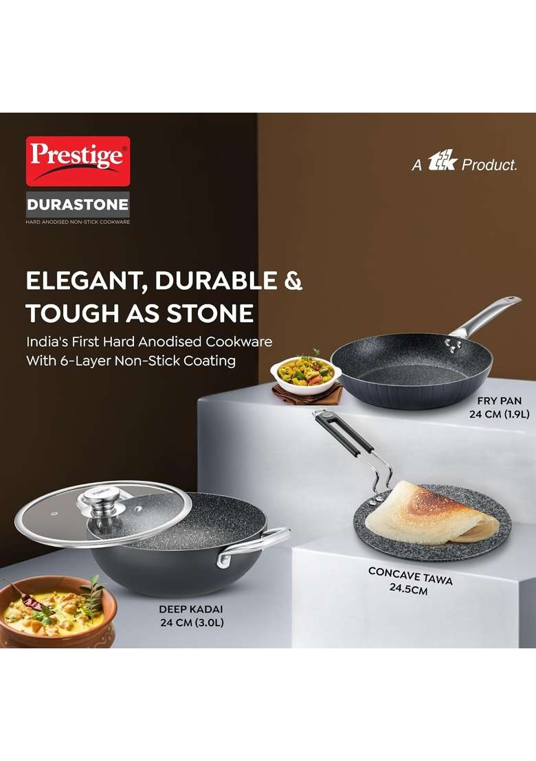 Prestige Durastone BYK Hard Anodised Non-Stick Cookware -Tawa Flat Griddle | 3 L | 3.2 Qt | 24.5 cm | 9.6 Inch | 3-Piece Set | Induction Compatible - Indya