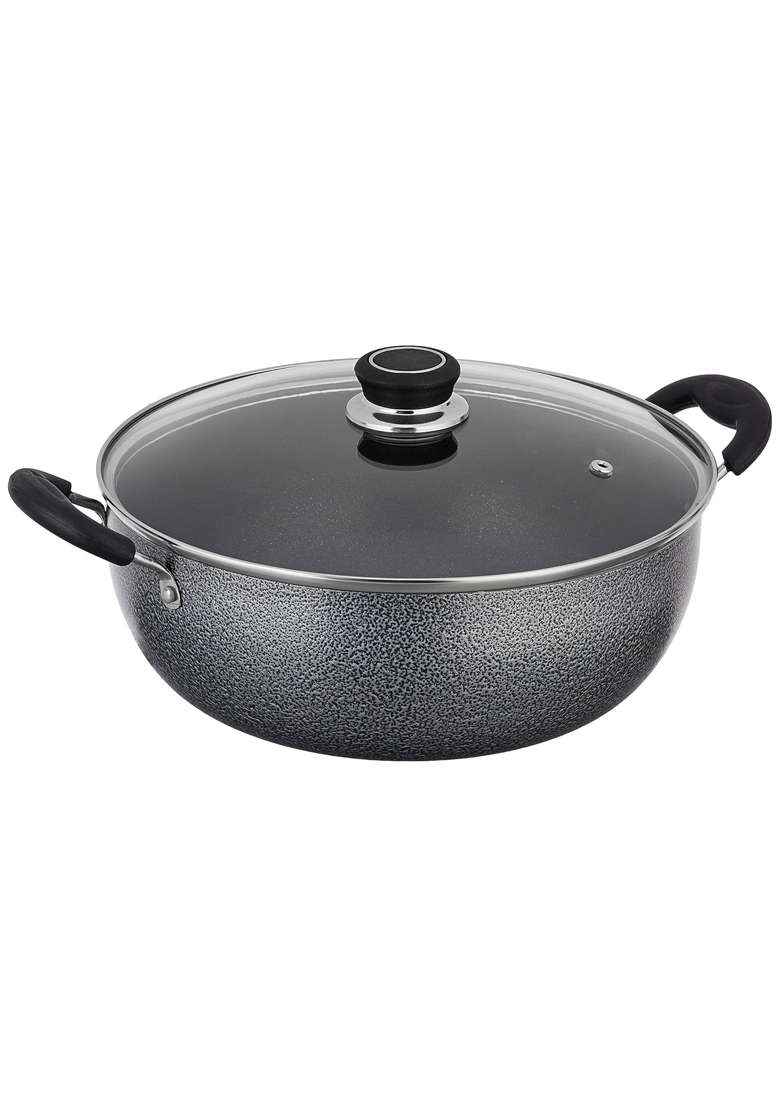 Solimo Amazon Brand Solimo Non Stick Kadhai Wok with Glass Lid | 2.5 L | 2.6 Qt | 26 cm | 10.2 Inch | Induction Compatible - Indya