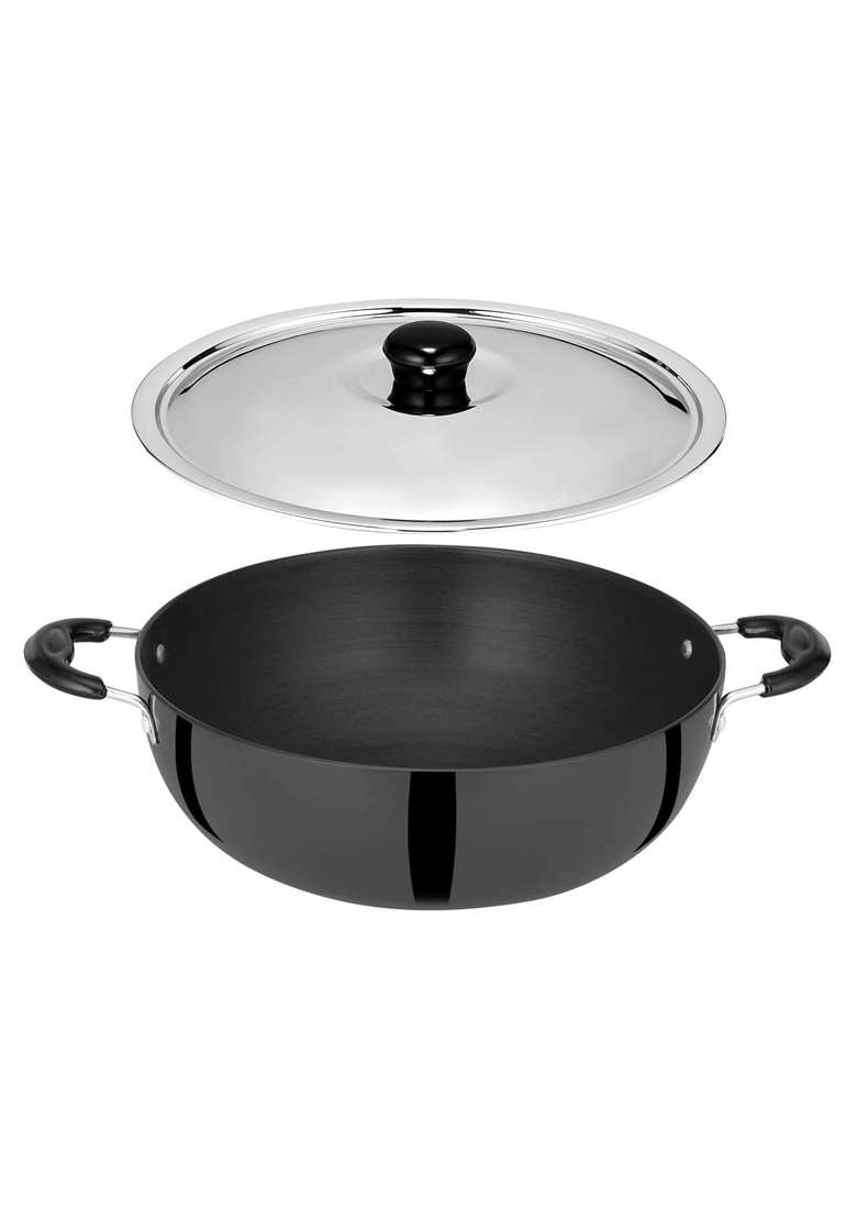 Chakmak Deep Kadhai Wok Hard Anodised | 4 L | 4.2 Qt | Induction Compatible | With Lid - Indya