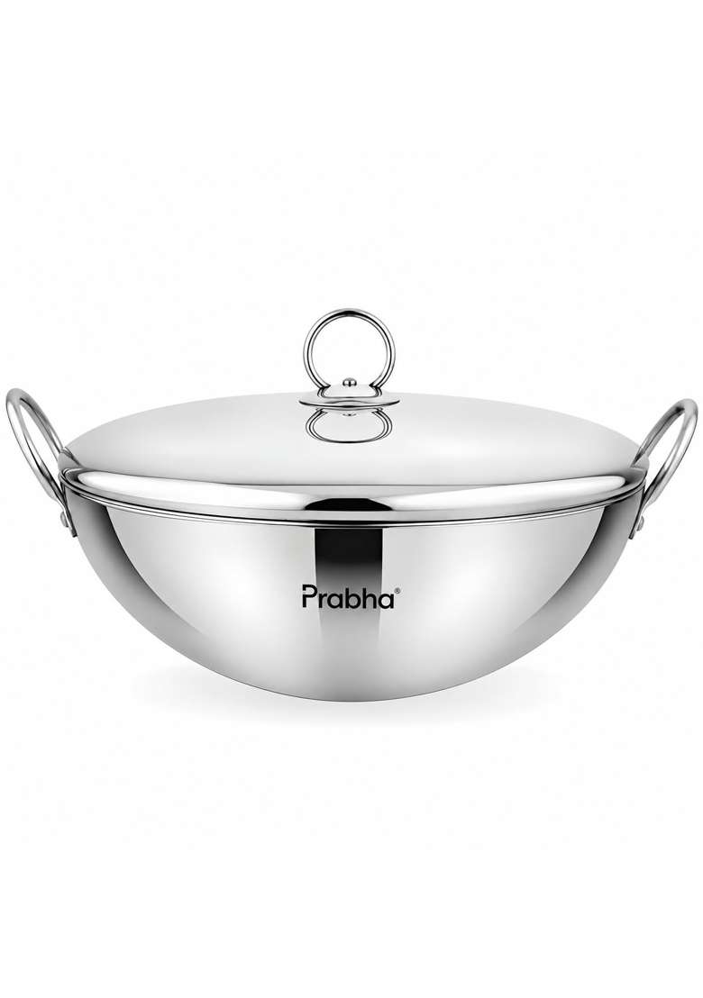 Prabha Capsule Round Bottom Kadhai Wok | 1 L | 1.1 Qt | 17 cm | 6.7 Inch | Induction Compatible | Tri-Ply | With Lid - Indya