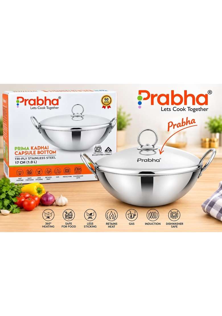 Prabha Capsule Round Bottom Kadhai Wok | 1 L | 1.1 Qt | 17 cm | 6.7 Inch | Induction Compatible | Tri-Ply | With Lid - Indya
