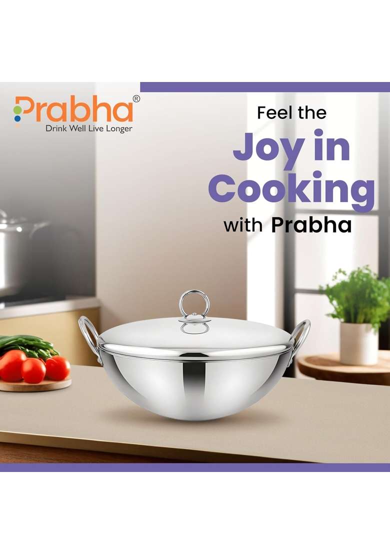Prabha Capsule Round Bottom Kadhai Wok | 1 L | 1.1 Qt | 17 cm | 6.7 Inch | Induction Compatible | Tri-Ply | With Lid - Indya