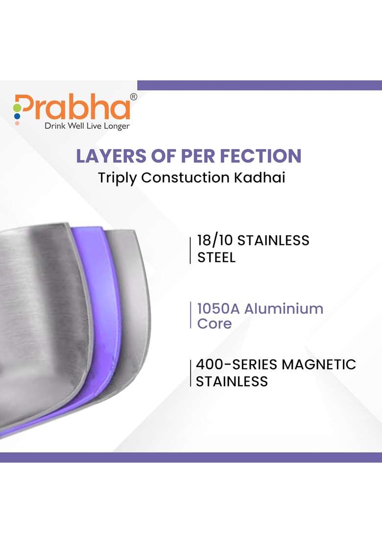 Prabha Capsule Round Bottom Kadhai Wok | 1 L | 1.1 Qt | 17 cm | 6.7 Inch | Induction Compatible | Tri-Ply | With Lid - Indya