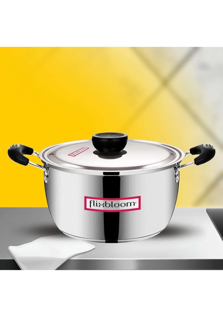 FLIXBLOOM Stainless Steel Handi Kitchen Casserole with Lid Triply Bottom Saucepot | 2.5 L | 2.6 Qt | Induction Compatible | BPA Free | Food Safe - Indya