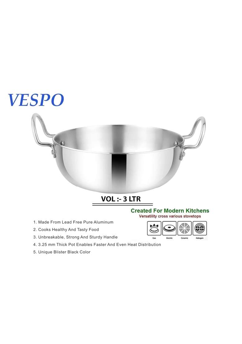 VESPO Mirror Finish Aluminum Induction Deep Kadhai Wok Flat Bottom Kadhai with Stainless | 3 L | 3.2 Qt | 24 cm | 9.4 Inch | With Lid - Indya
