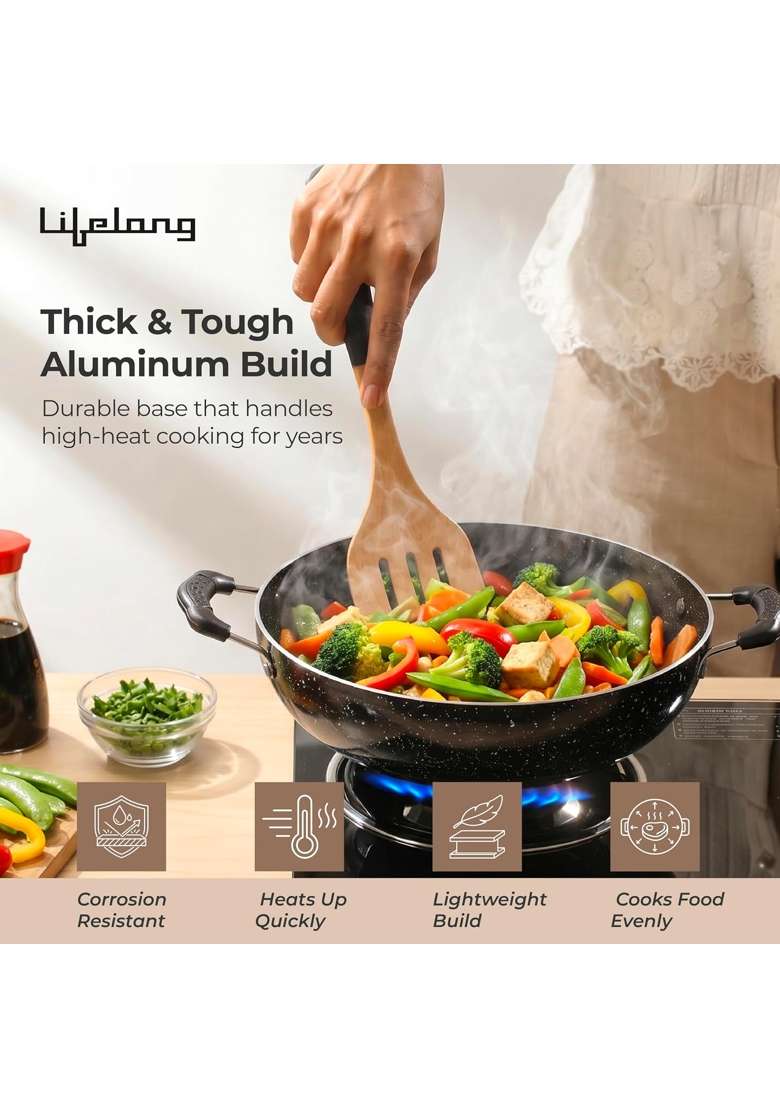 Lifelong Non-Stick Frying Kadai Wok with Glass Lid | 2 L | 2.1 Qt | 22 cm | 8.7 Inch | Induction Compatible - Indya