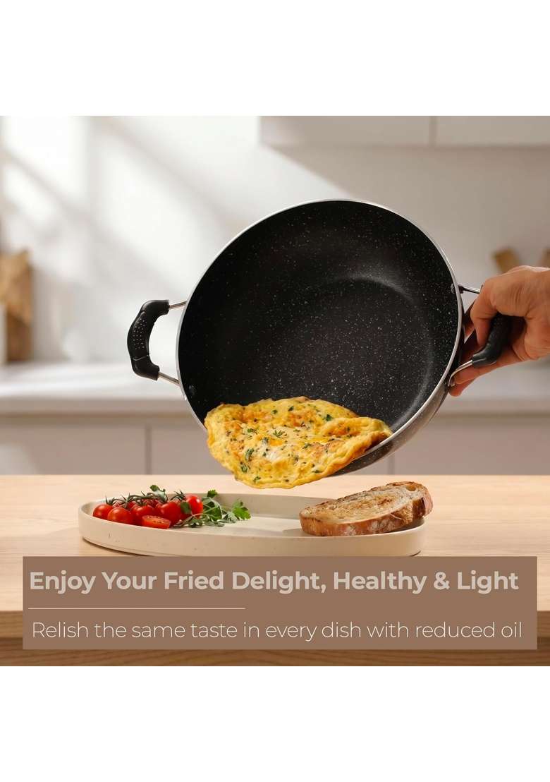 Lifelong Non-Stick Frying Kadai Wok with Glass Lid | 2 L | 2.1 Qt | 22 cm | 8.7 Inch | Induction Compatible - Indya