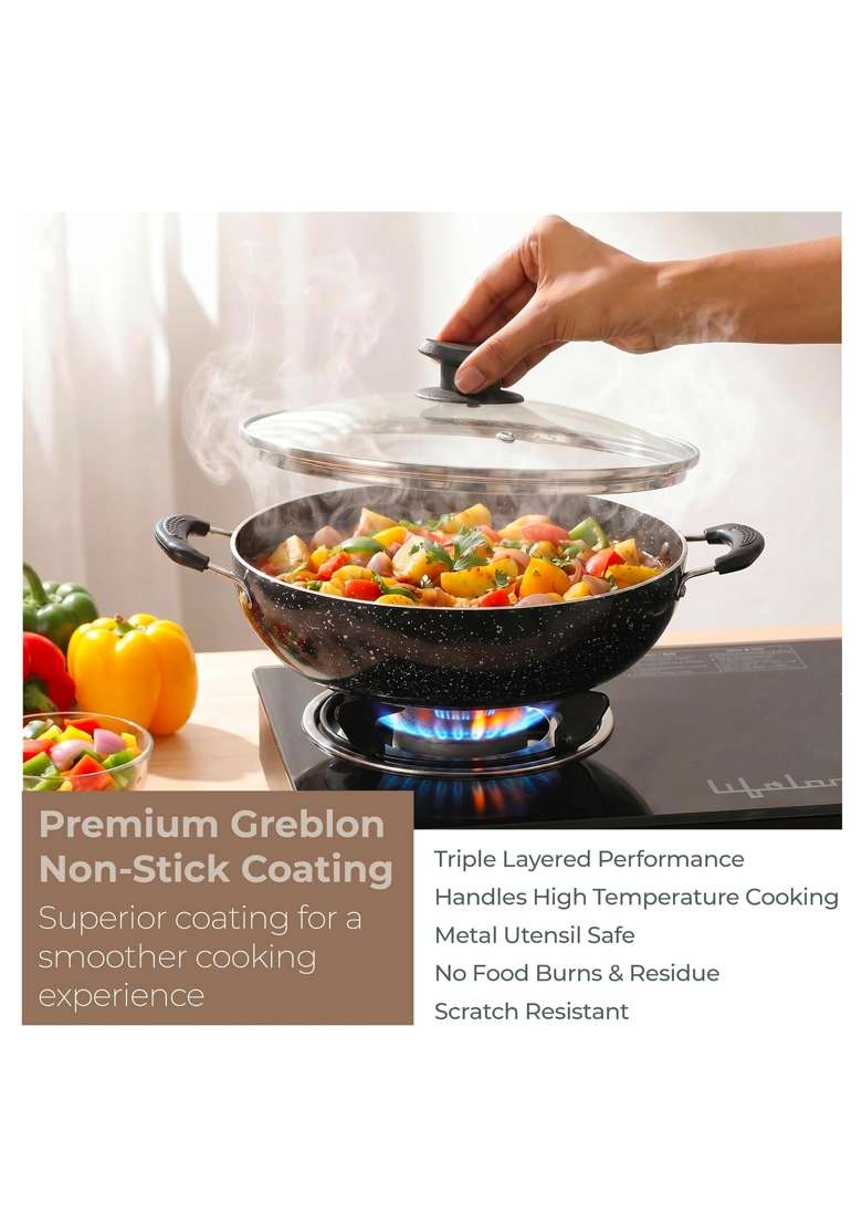 Lifelong Non-Stick Frying Kadai Wok with Glass Lid | 2 L | 2.1 Qt | 22 cm | 8.7 Inch | Induction Compatible - Indya