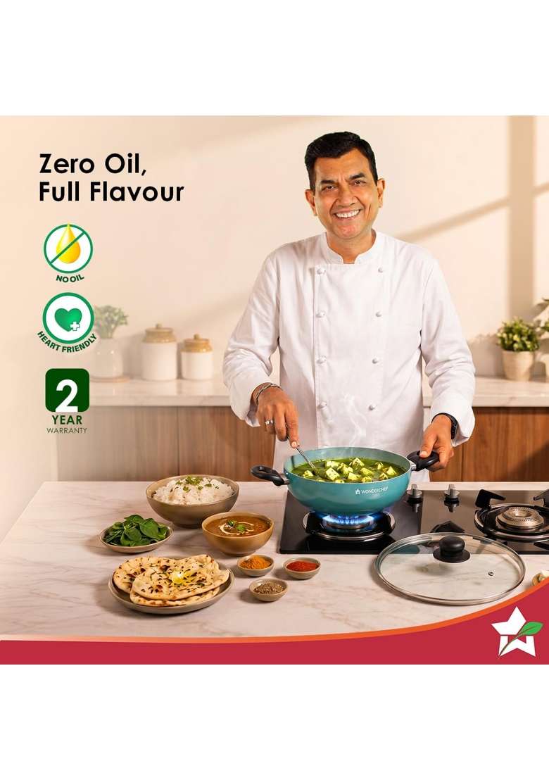 Wonderchef Vitalife Non-Stick Kadhai Wok and Glass Lid for Kitchen | 2.5 L | 2.6 Qt | 24 cm | 9.4 Inch | Induction Compatible | PFOA Free - Indya