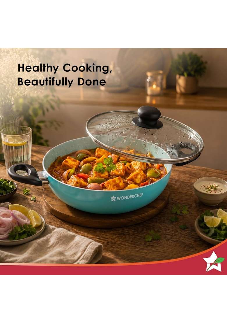 Wonderchef Vitalife Non-Stick Kadhai Wok and Glass Lid for Kitchen | 2.5 L | 2.6 Qt | 24 cm | 9.4 Inch | Induction Compatible | PFOA Free - Indya