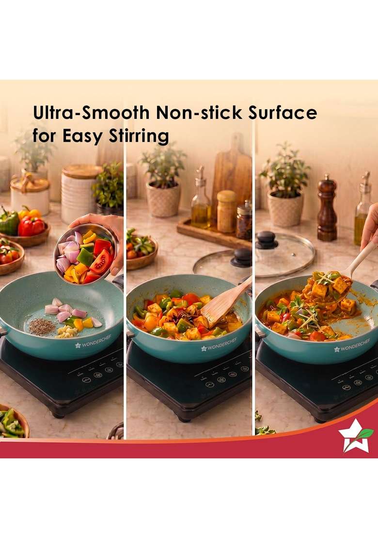 Wonderchef Vitalife Non-Stick Kadhai Wok and Glass Lid for Kitchen | 2.5 L | 2.6 Qt | 24 cm | 9.4 Inch | Induction Compatible | PFOA Free - Indya
