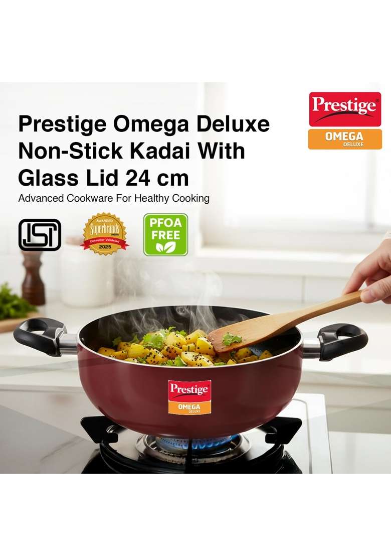 Prestige Omega Deluxe Non-Stick Deep Kadai Wok | 3.5 L | 3.7 Qt | Induction Compatible | PFOA Free - Indya