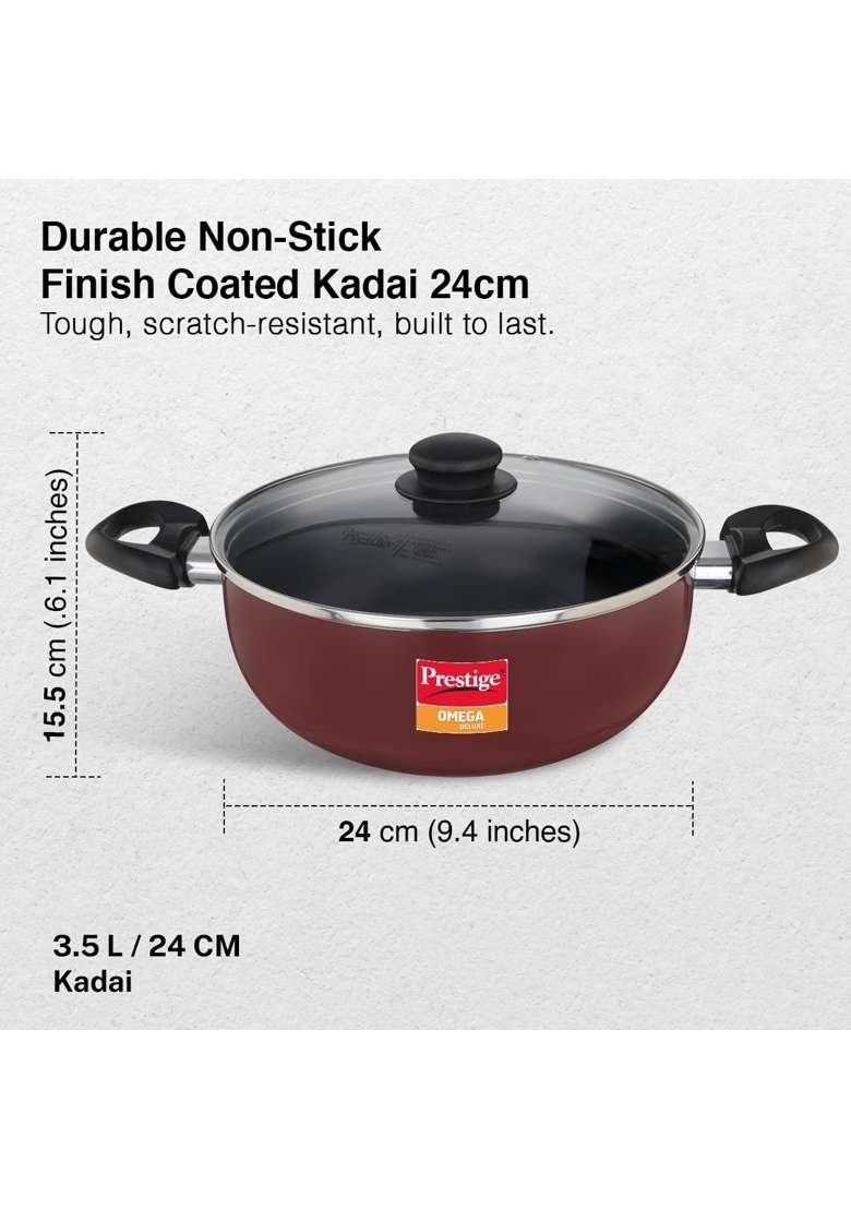 Prestige Omega Deluxe Non-Stick Deep Kadai Wok | 3.5 L | 3.7 Qt | Induction Compatible | PFOA Free - Indya