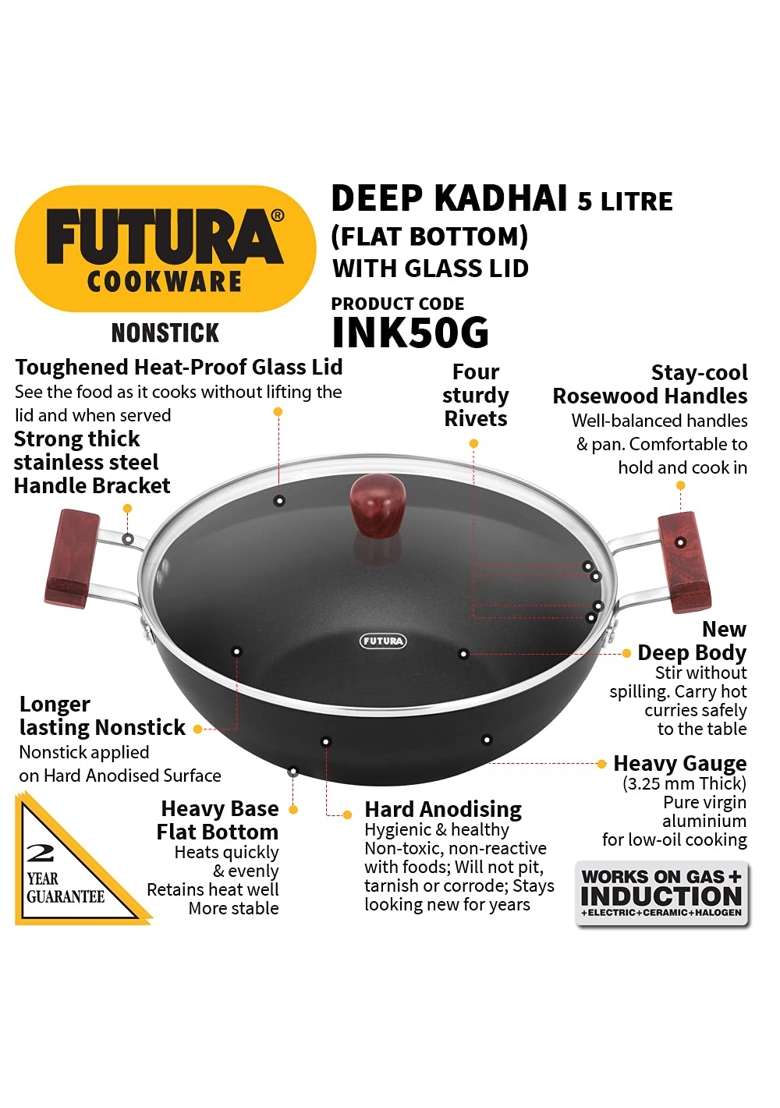 Hawkins Futura Deep Kadhai Wok | 5 L | 5.3 Qt | Induction Compatible | Non-Stick | With Lid - Indya