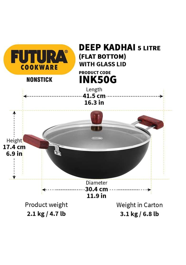 Hawkins Futura Deep Kadhai Wok | 5 L | 5.3 Qt | Induction Compatible | Non-Stick | With Lid - Indya
